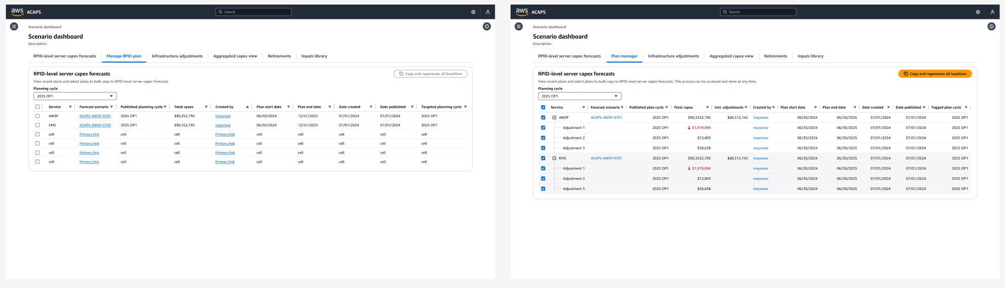 Bulk copy tab for pre-selected plan baselines