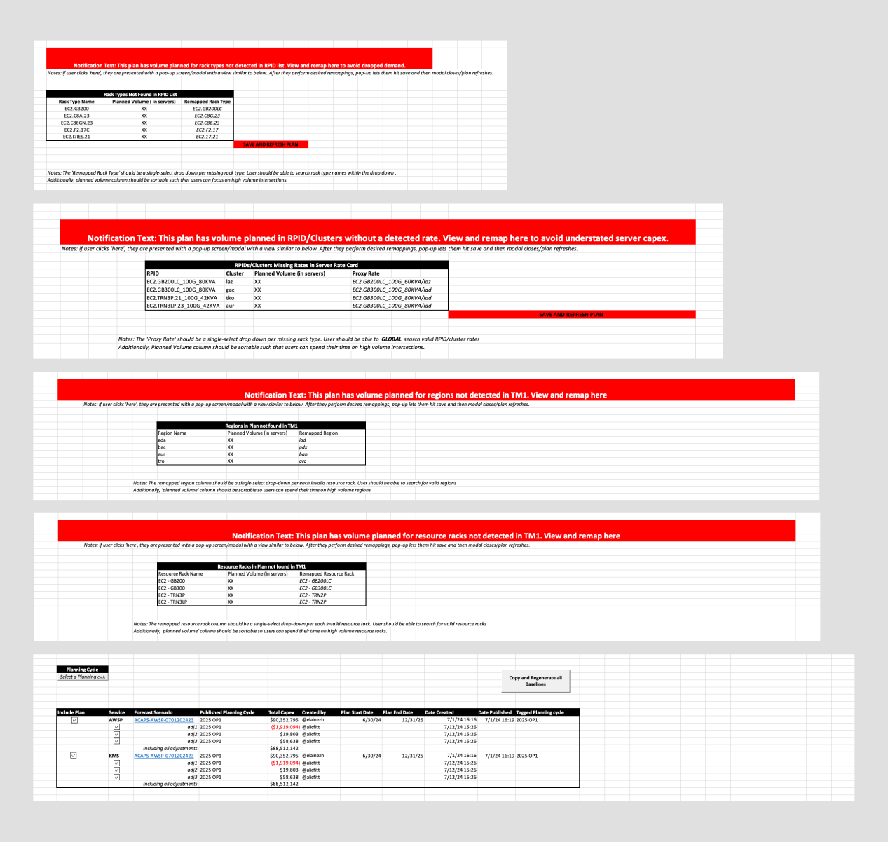 Early notification banner and remap table specs for rack types, proxy rates, regions, and resource racks