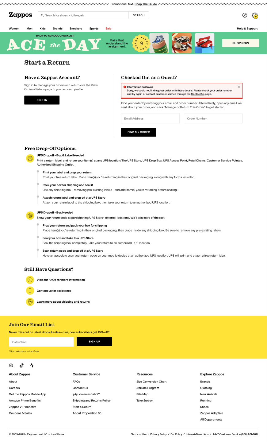 Guest lookup error state: Information not found, with guidance to check the order number or contact customer service