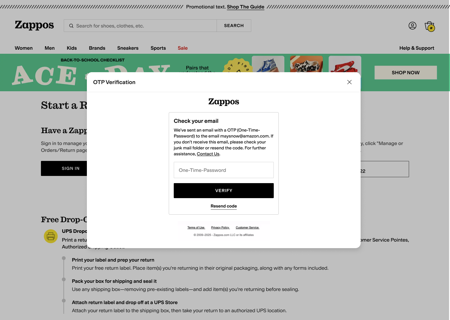 OTP verification modal, checking your email for a one-time password before opening the order