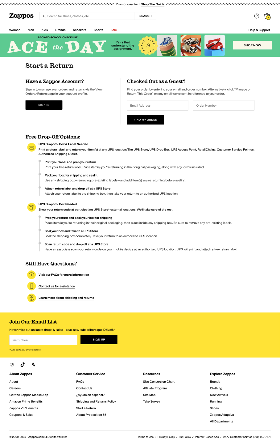 Start a Return page with two equal-weight options: Have a Zappos Account and Checked Out as a Guest