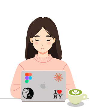 Illustration of Maysnow at her laptop with Figma, cat, and NYC stickers, and a matcha latte beside her